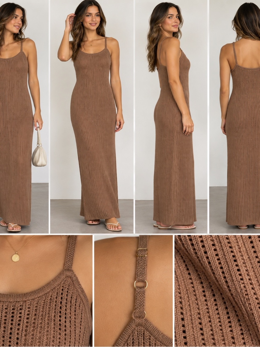 Freshman Brown Ribbed Knit Maxi Dress with Adjustable Straps